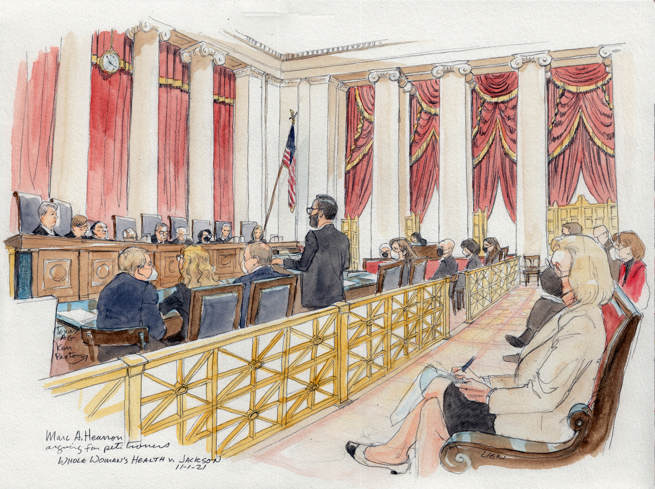 Courtroom sketch of Marc A. Hearron arguing Whole Woman's Health v. Jackson before the U.S. Supreme Court, November 1, 2021.