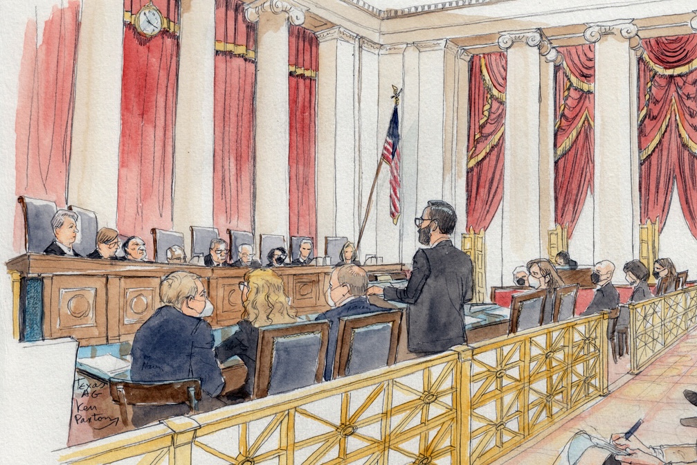 Courtroom sketch of Marc A. Hearron arguing Whole Woman's Health v. Jackson before the U.S. Supreme Court, November 1, 2021.